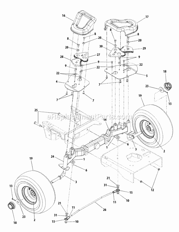 Rear Pivot Axle Diagram and Parts List for FMZ50 17AF4BFP010, 17AF4BFP210, 17AF4BFP009, 17AF4B Cub Cadet Lawn Mower